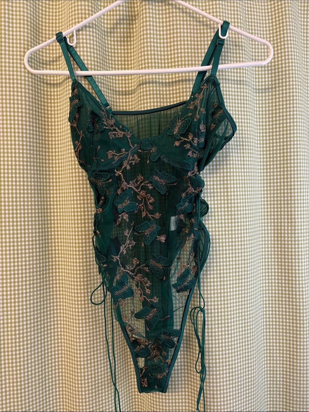 Never worn Sheer Embroidered Lace Teddy Bodysuit in Forest Green